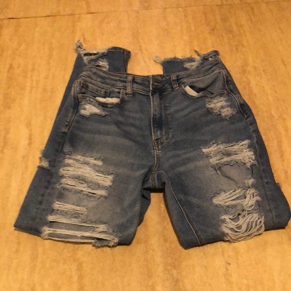 American Eagle Outfitters Denim - American Eagle super distressed mom blue Jean. Used, yet in good condition.